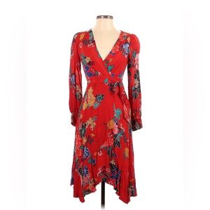 Anthropologie Red Floral Boswell Textured Wrap Tunic Dress Midi Size 2